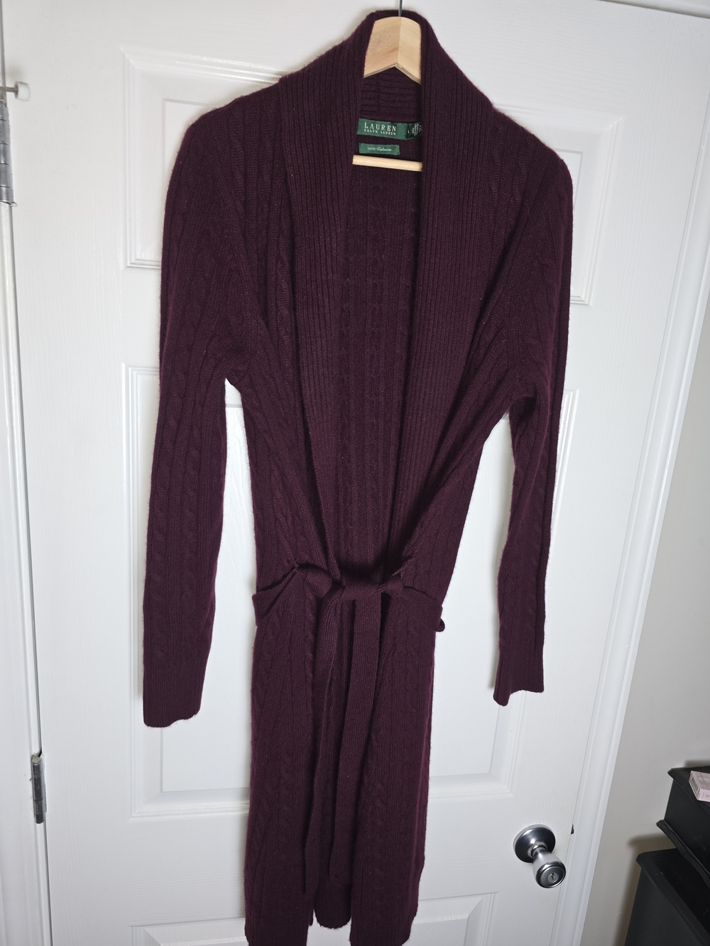 Lauren Ralph Lauren Women's Plum 100% Cashmere Cable-Knit Long Cardigan Large